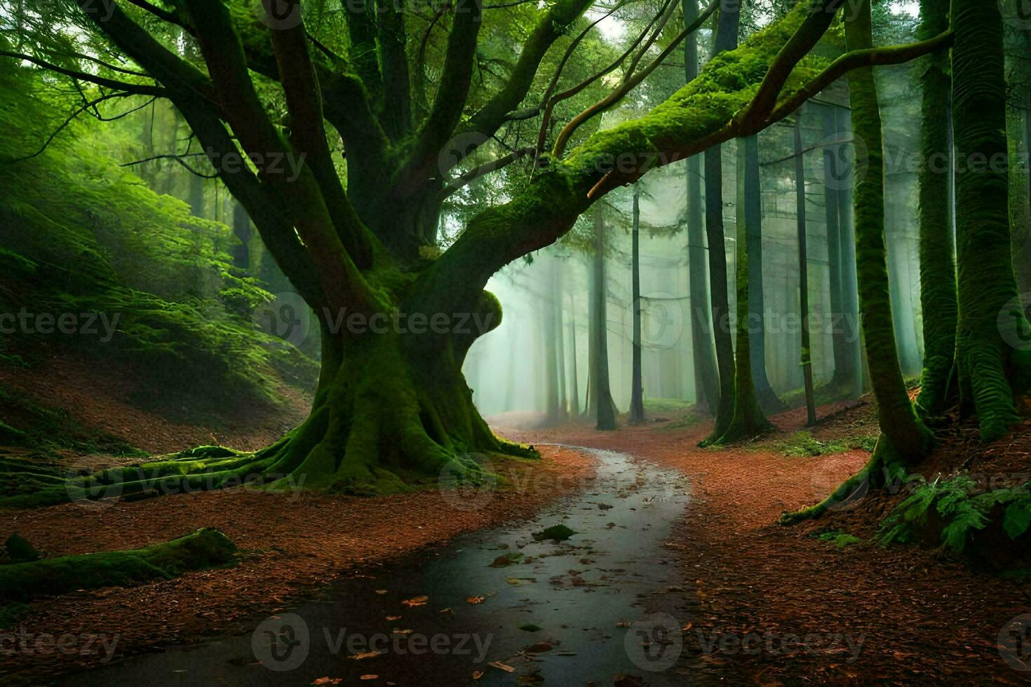 a path through a forest with a tree in the middle. AI-Generated photo