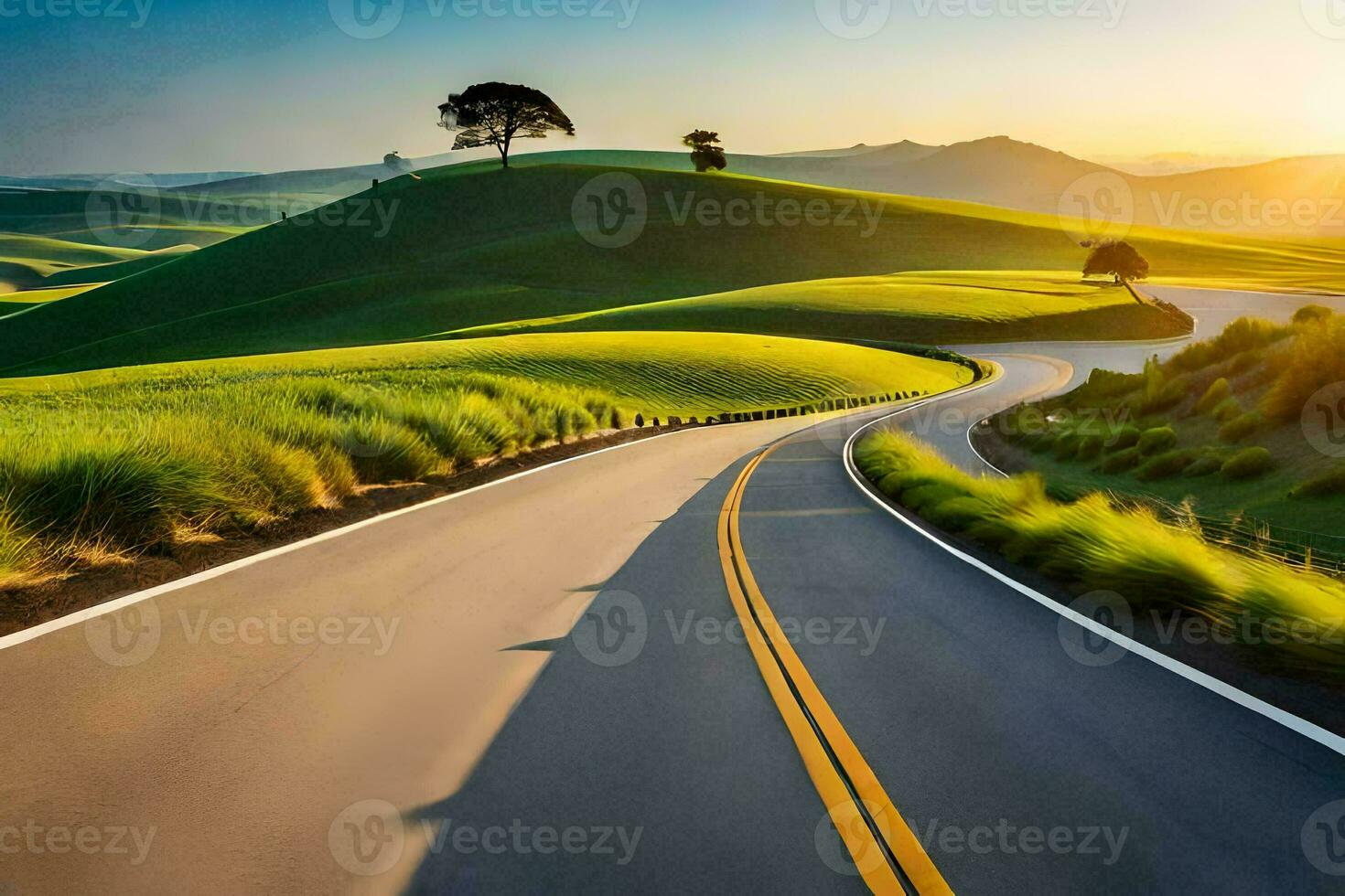 a winding road in the middle of a green field. AI-Generated photo