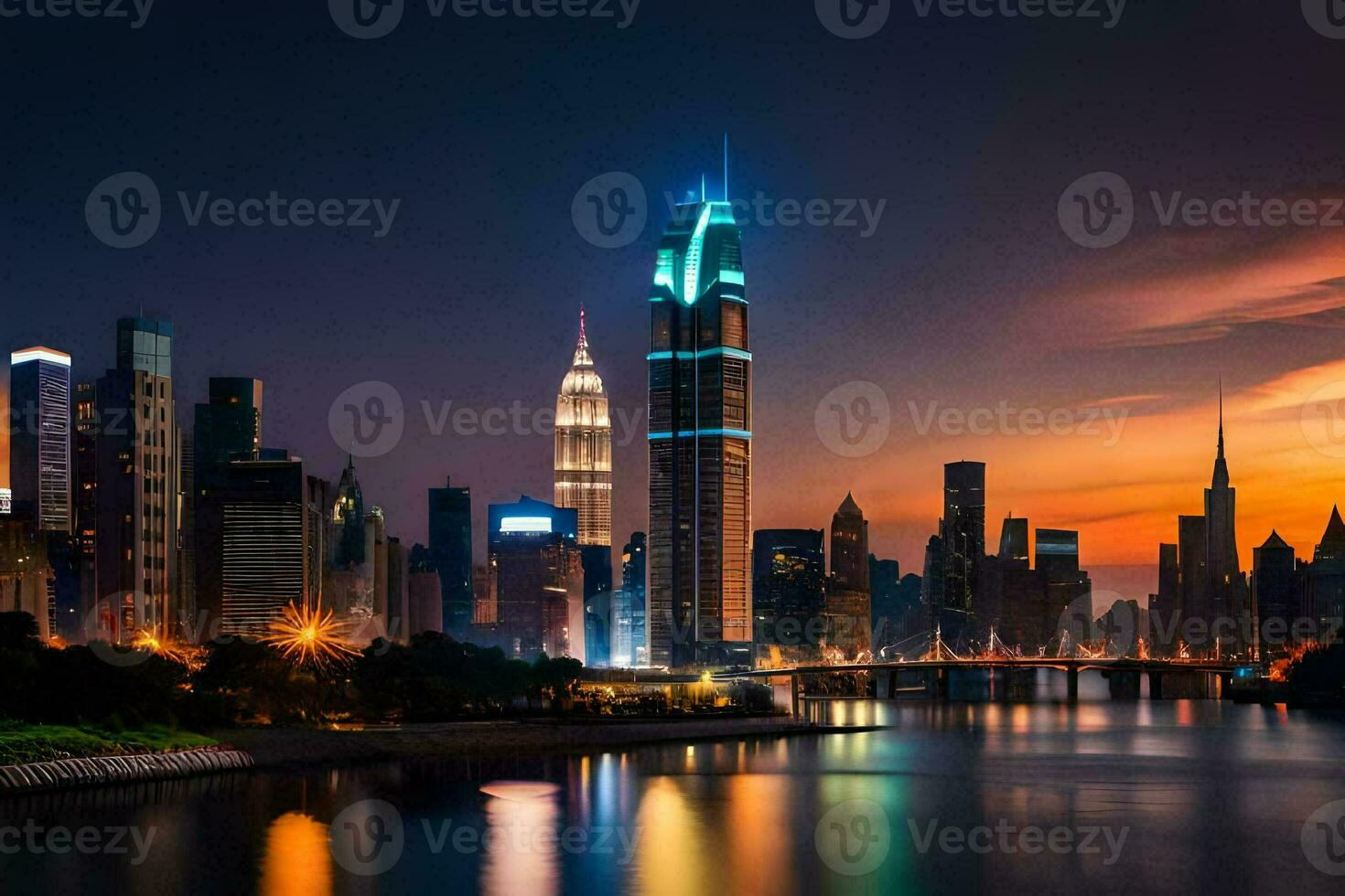 the city skyline at night with the river in the foreground. AI-Generated photo