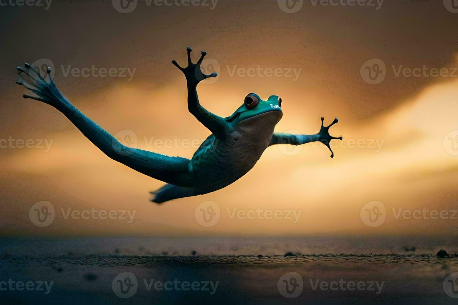a frog jumping in the air at sunset. AI-Generated photo