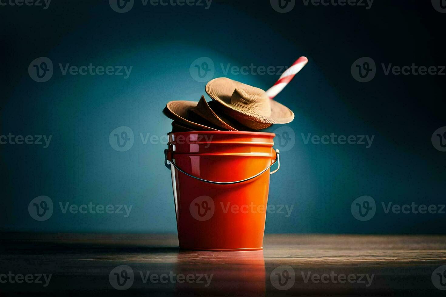 a bucket with a straw and a wooden stick. AI-Generated photo