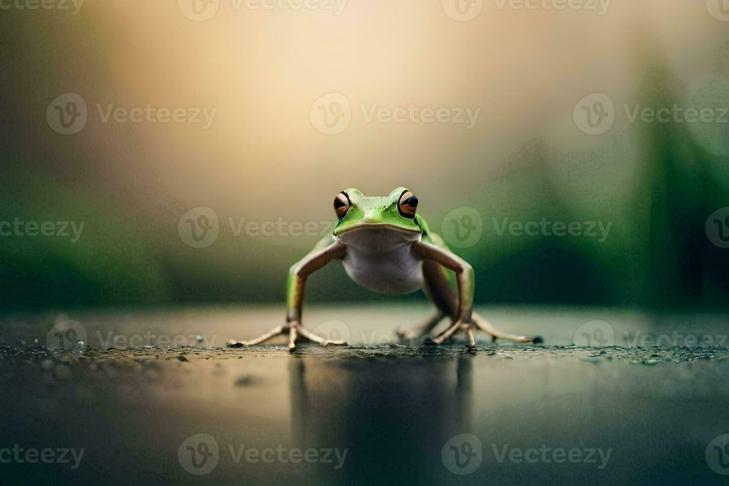 a frog is standing on a wet surface. AI-Generated photo