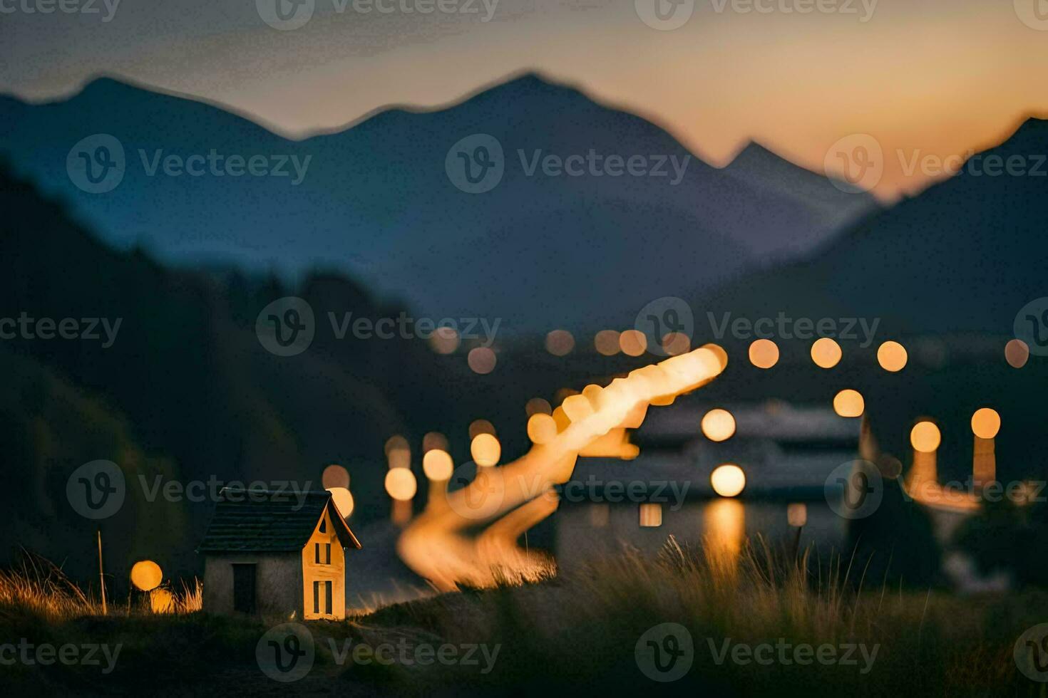 a small house in the middle of a field with mountains in the background. AI-Generated photo