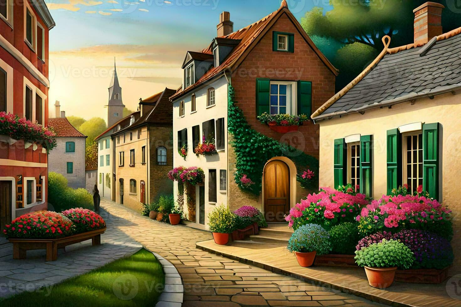 an illustration of a street with flowers and houses. AI-Generated photo