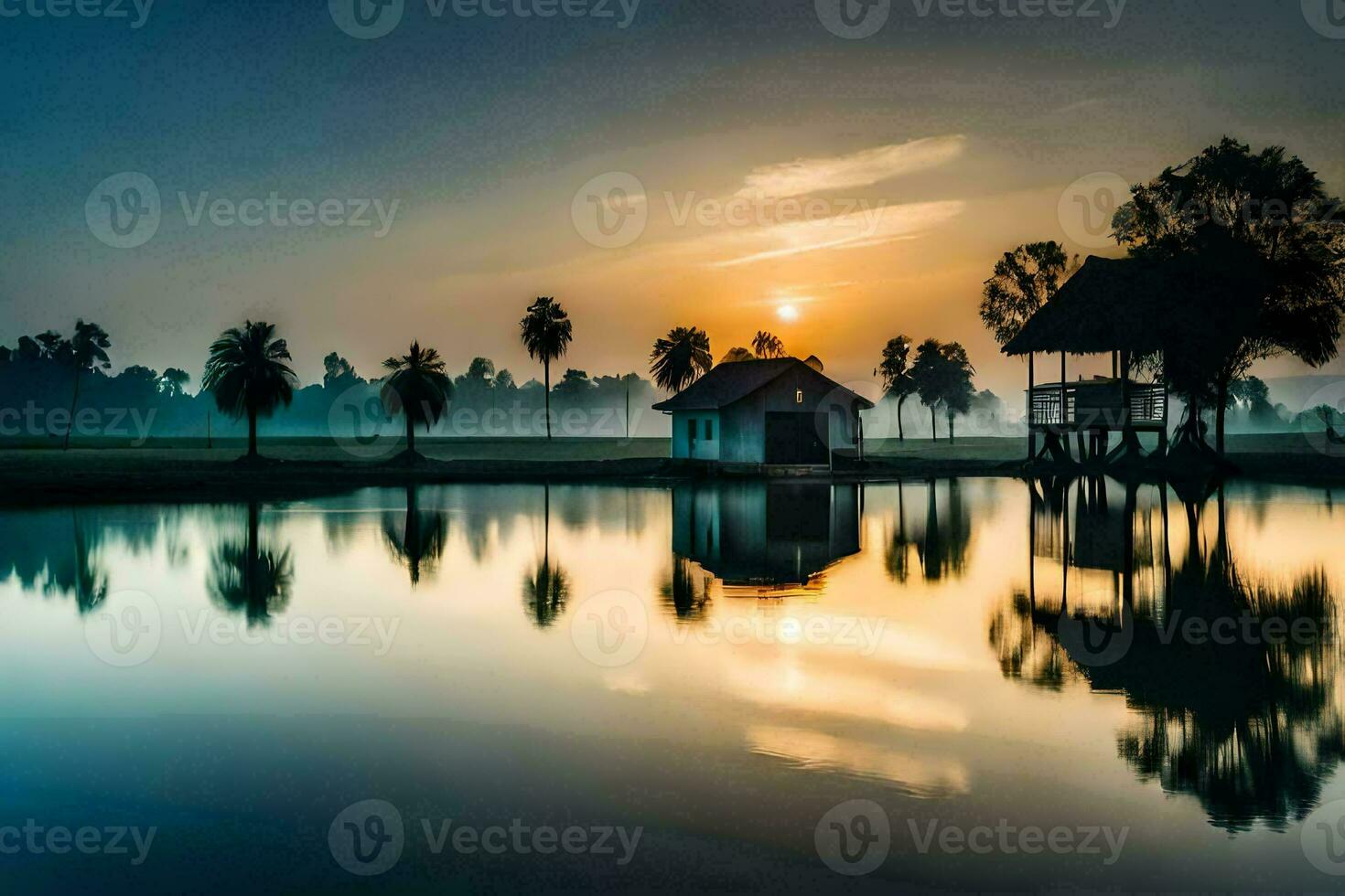 a small hut sits on the edge of a lake at sunset. AI-Generated photo