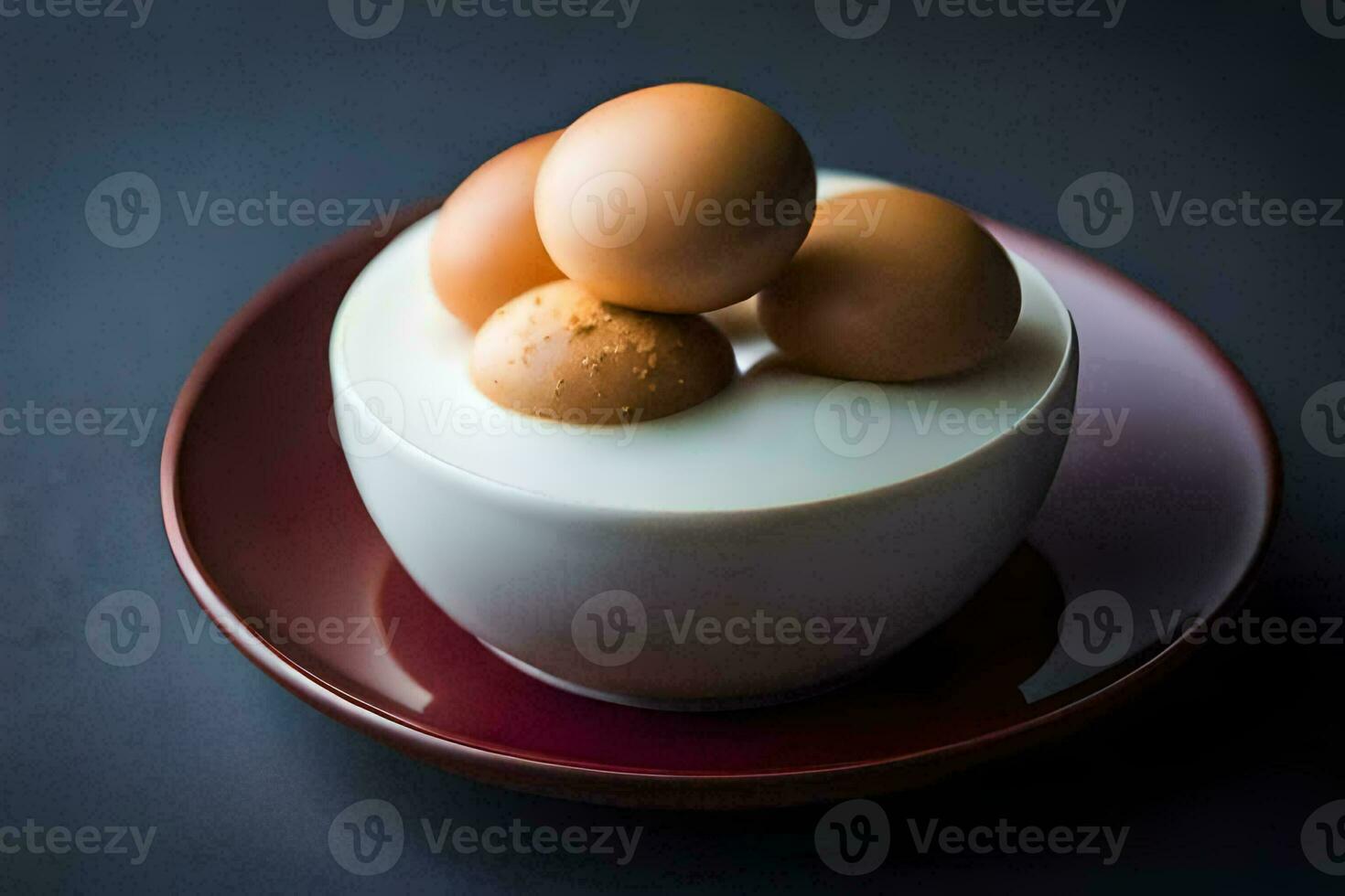 Tres huevos son metido en un plato en un bol. generado por ai foto