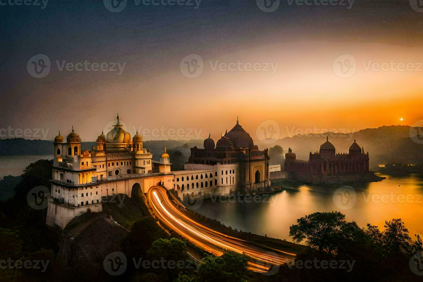 the sun sets over a large palace and bridge. AI-Generated photo