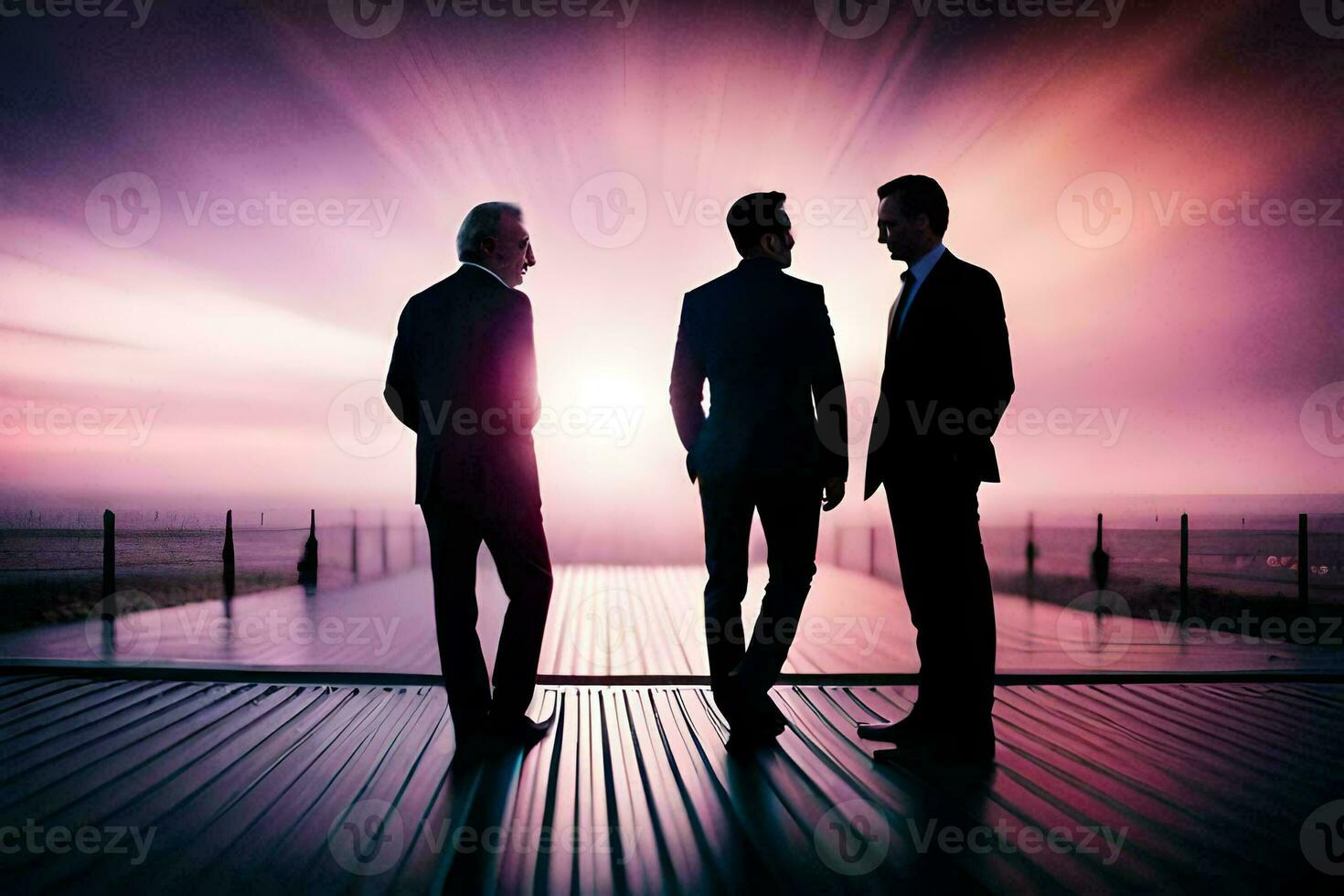 Tres negocio personas en pie en un muelle a puesta de sol. generado por ai foto