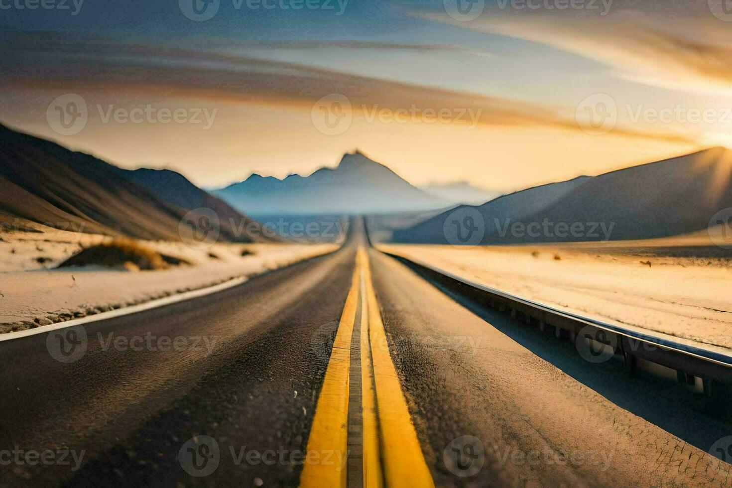 the sun is shining on a road in the middle of a desert. AI-Generated photo