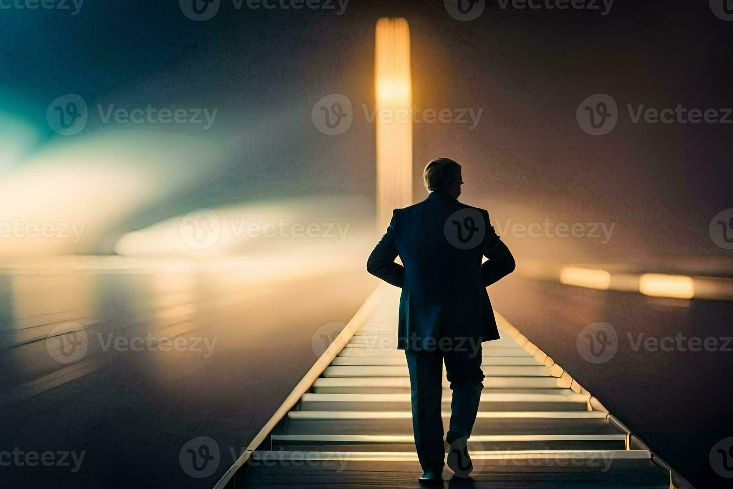 un hombre en un traje camina abajo un largo puente a noche. generado por ai foto