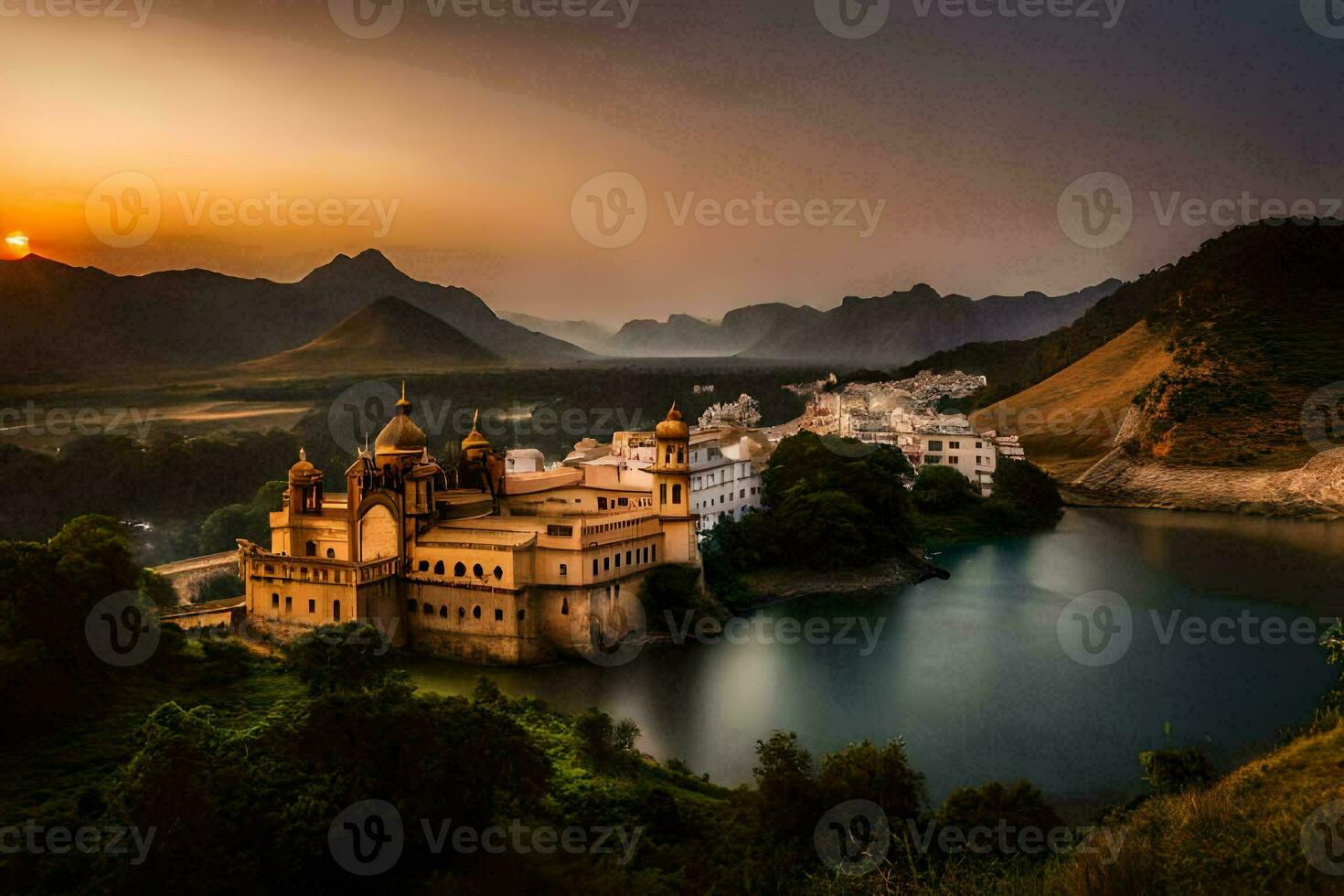the sun sets over a lake and a palace in india. AI-Generated photo