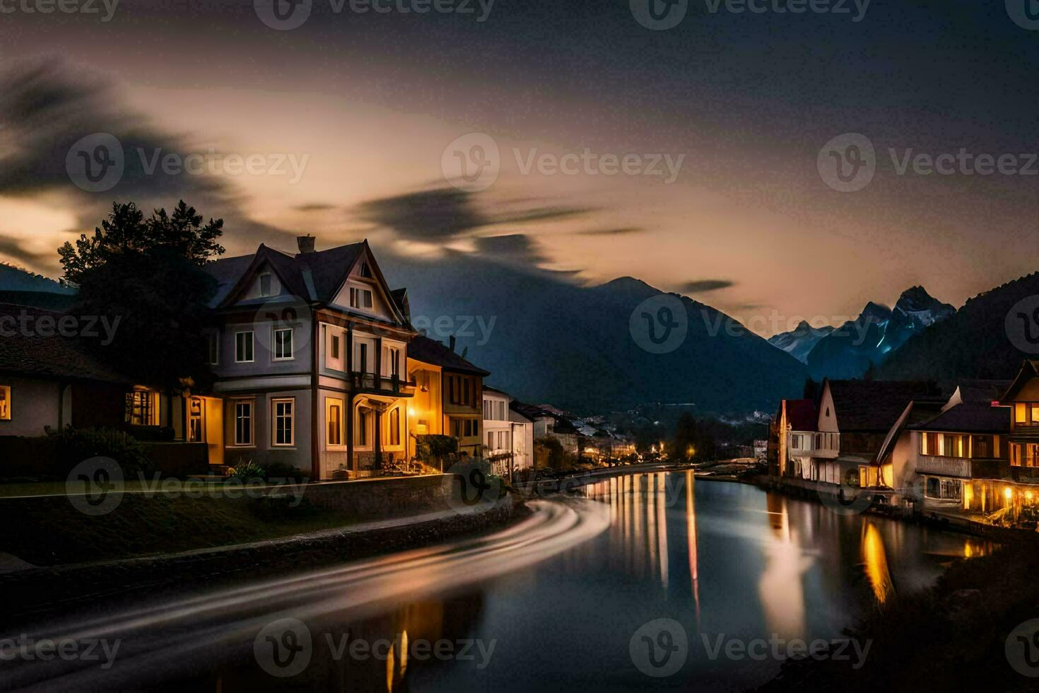 un río carreras mediante un pueblo a noche. generado por ai foto