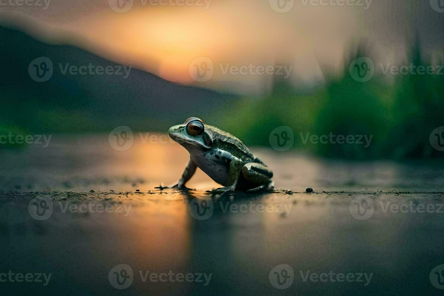 a frog sitting on the ground at sunset. AI-Generated photo