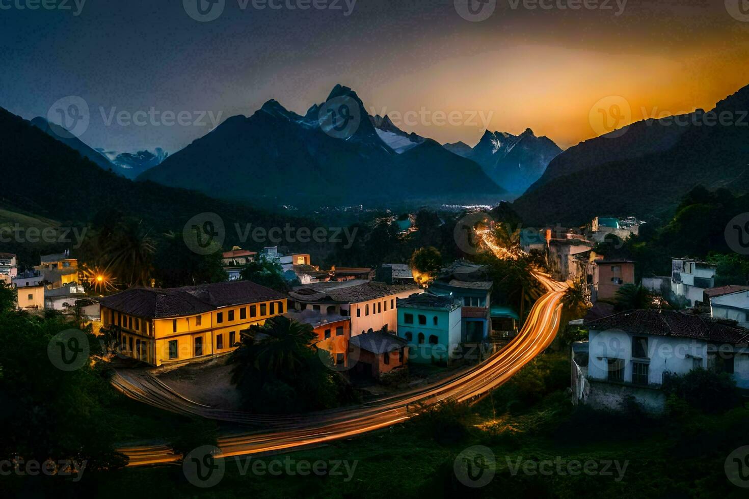 photo wallpaper the sky, mountains, road, town, sunset, the city, the mountains,. AI-Generated