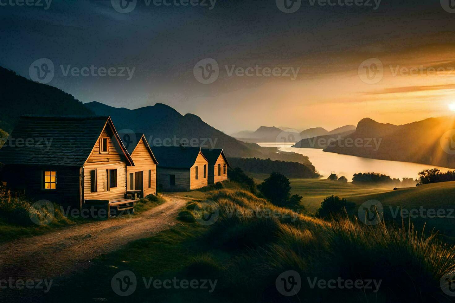 the sun sets over the mountains and lake. AI-Generated photo