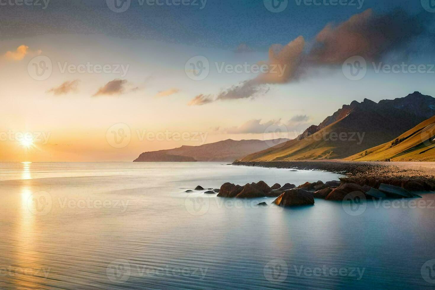 the sun sets over the ocean and mountains. AI-Generated photo