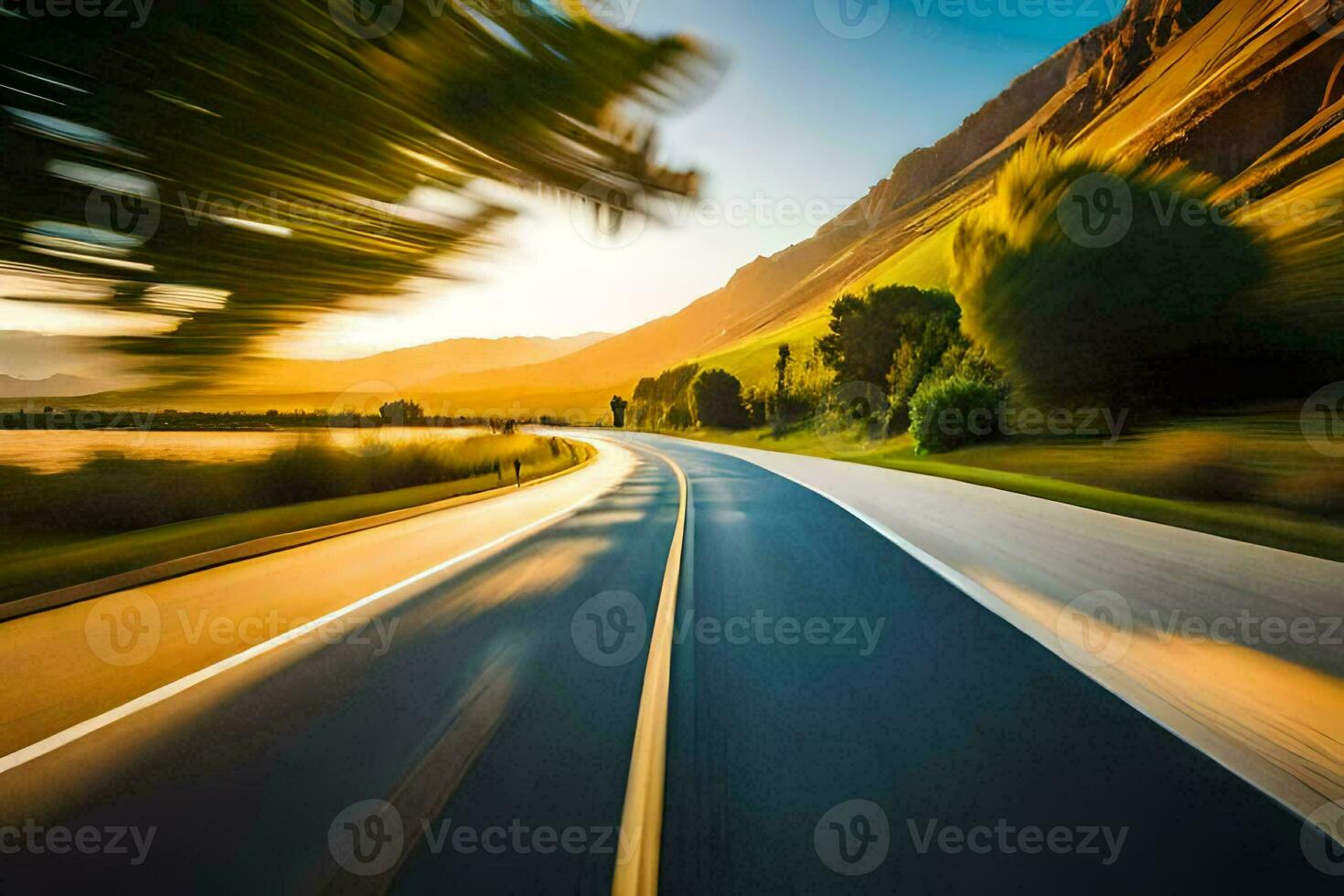 un borroso imagen de un la carretera con un montaña en el antecedentes. generado por ai foto