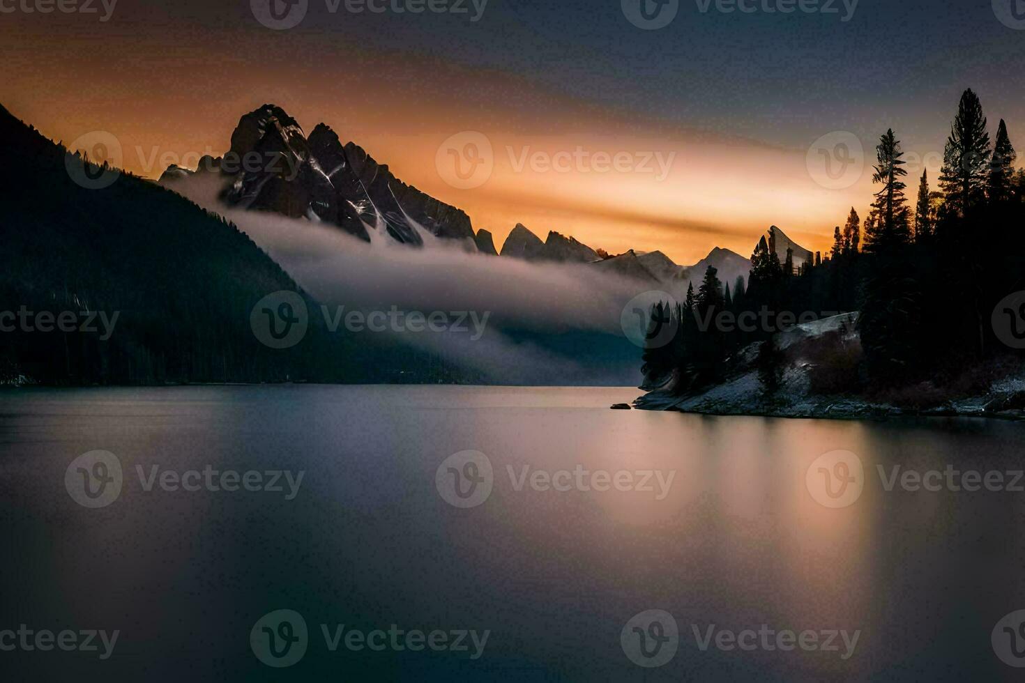 a lake and mountains at sunset. AI-Generated photo