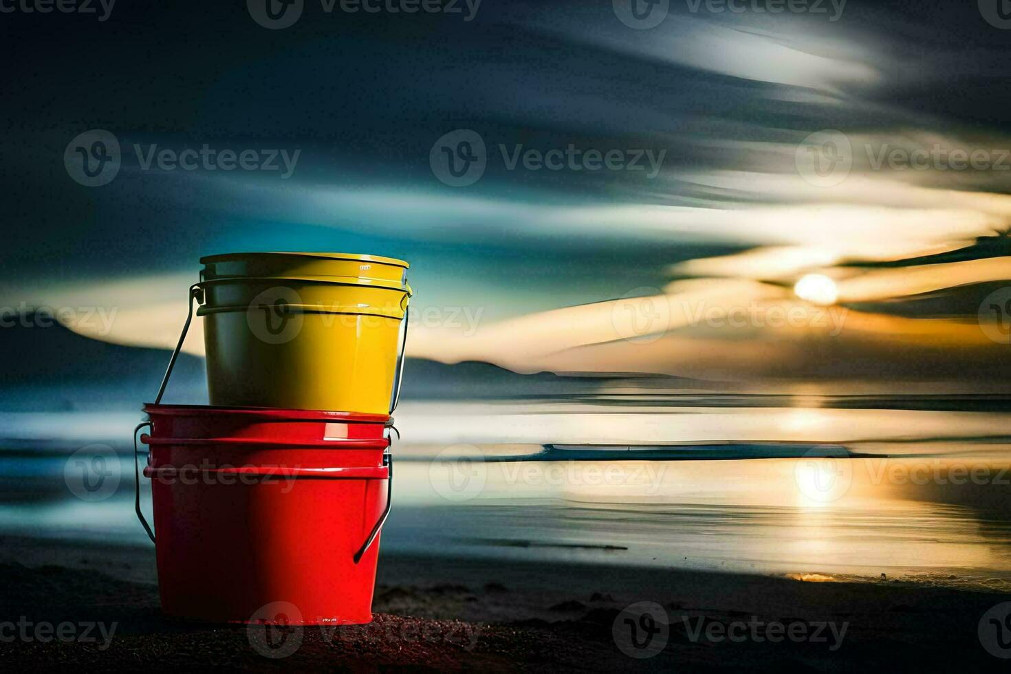 two red and yellow buckets on the beach at sunset. AI-Generated photo