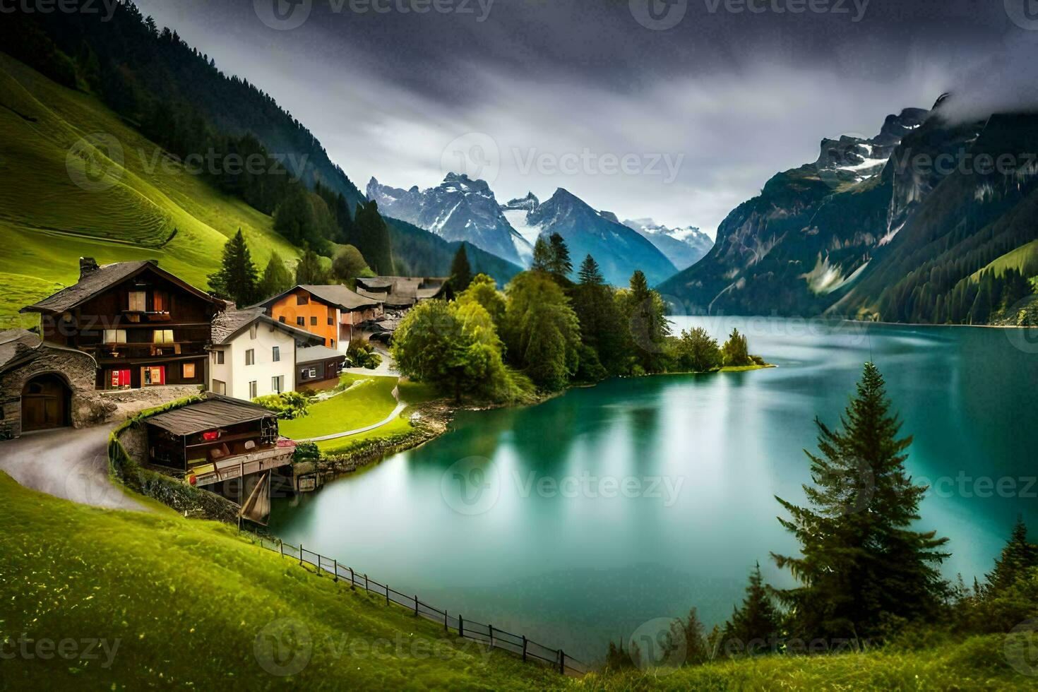 un hermosa lago y montaña pueblo en el Alpes. generado por ai foto