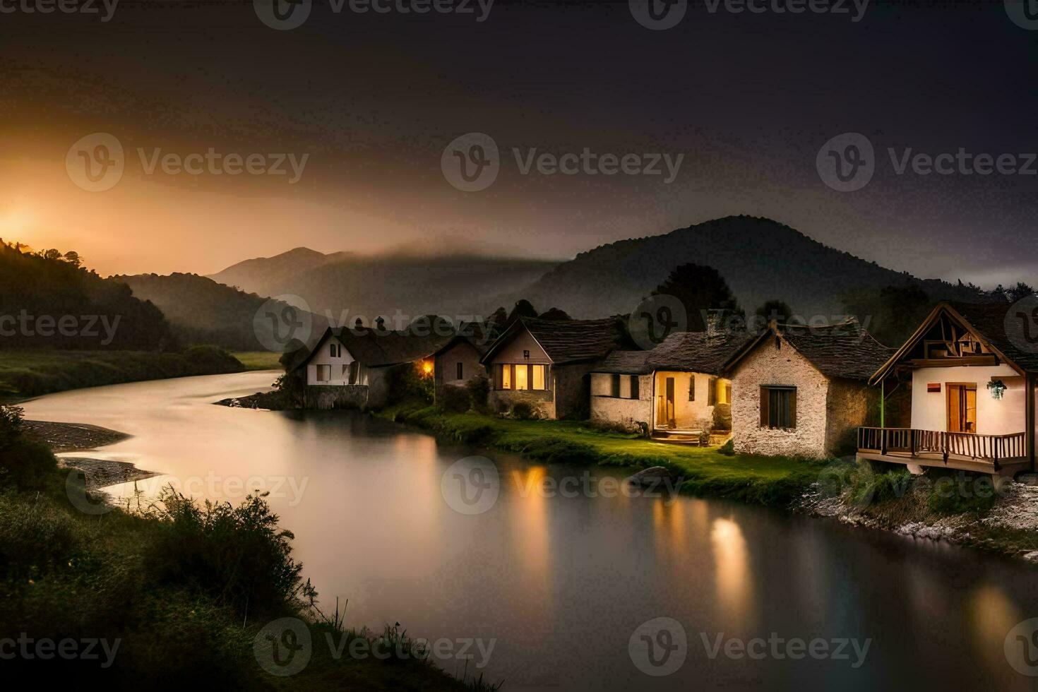 photo wallpaper the sky, river, mountains, houses, the sun, the mountains, the river. AI-Generated