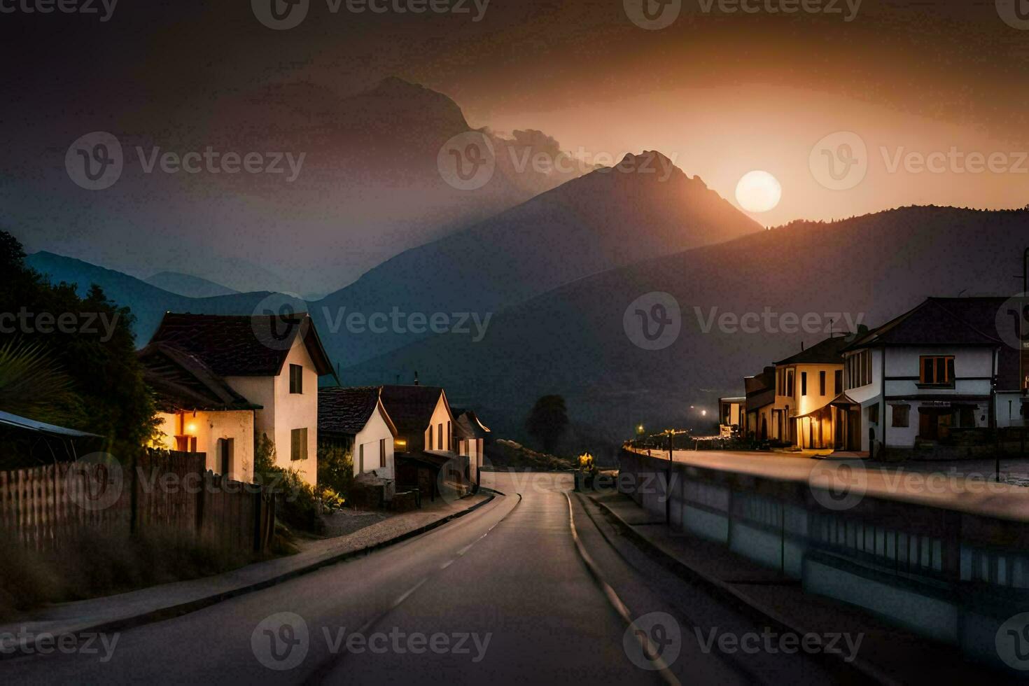 a road in the mountains with a sunset. AI-Generated photo