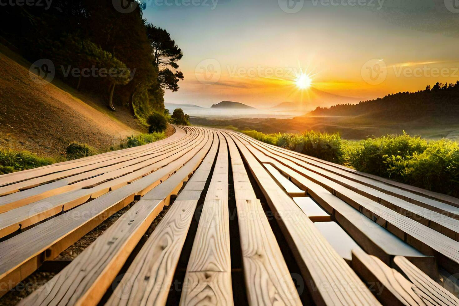 a wooden walkway with the sun setting behind it. AI-Generated photo