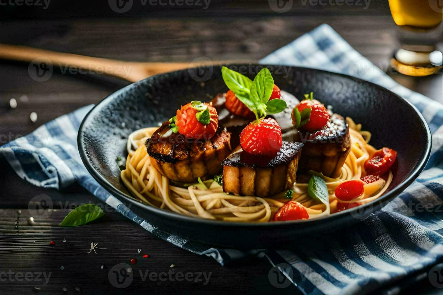 a plate of pasta with meat and tomatoes. AI-Generated photo