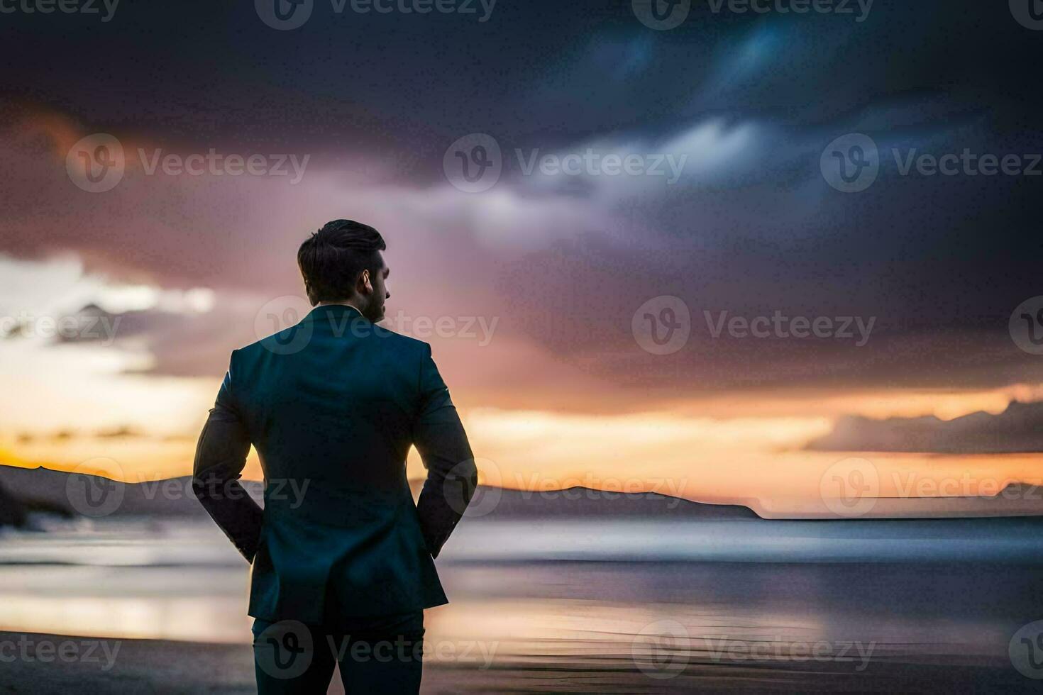 a man in a suit stands on the beach at sunset. AI-Generated photo