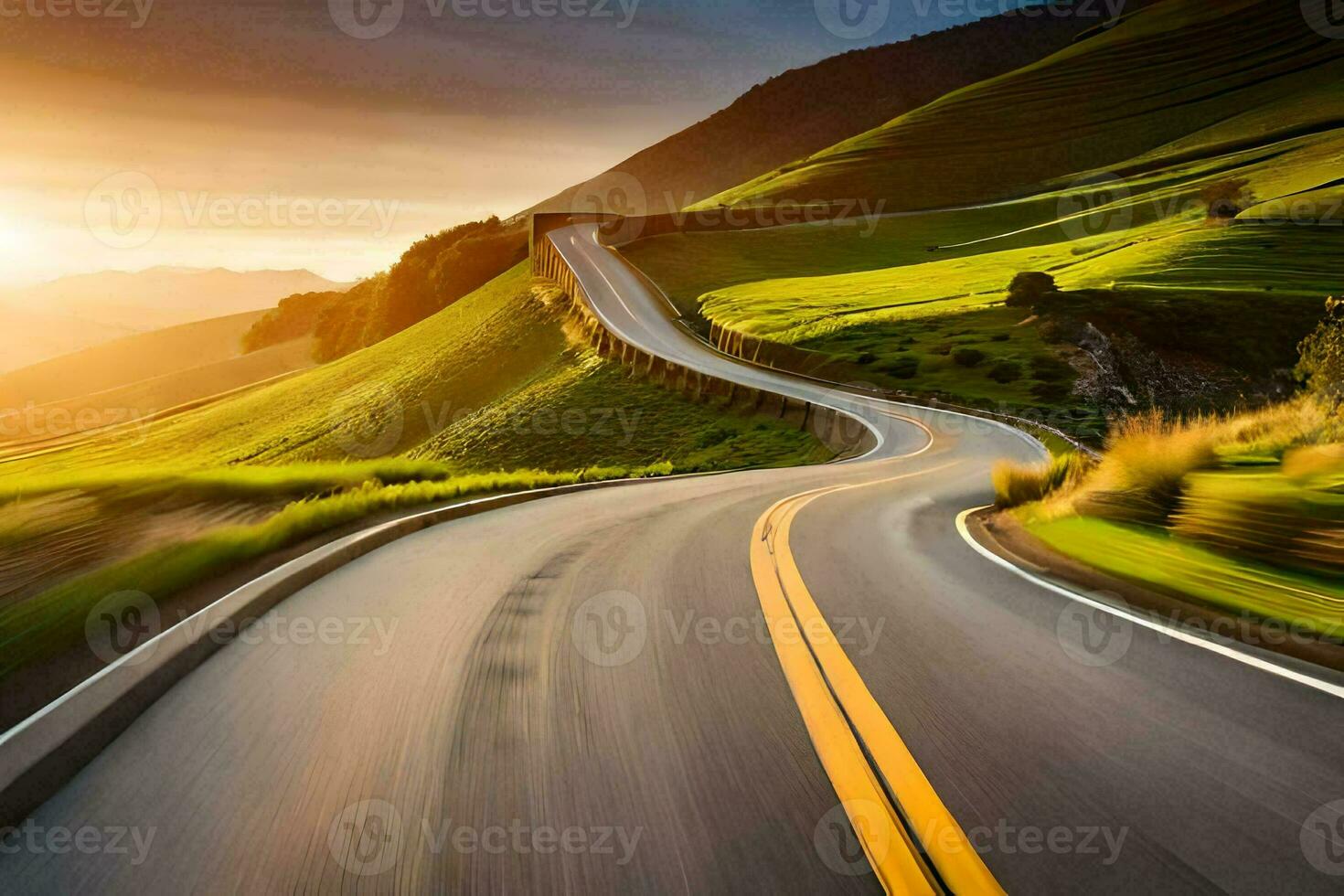 a winding road in the mountains at sunset. AI-Generated photo