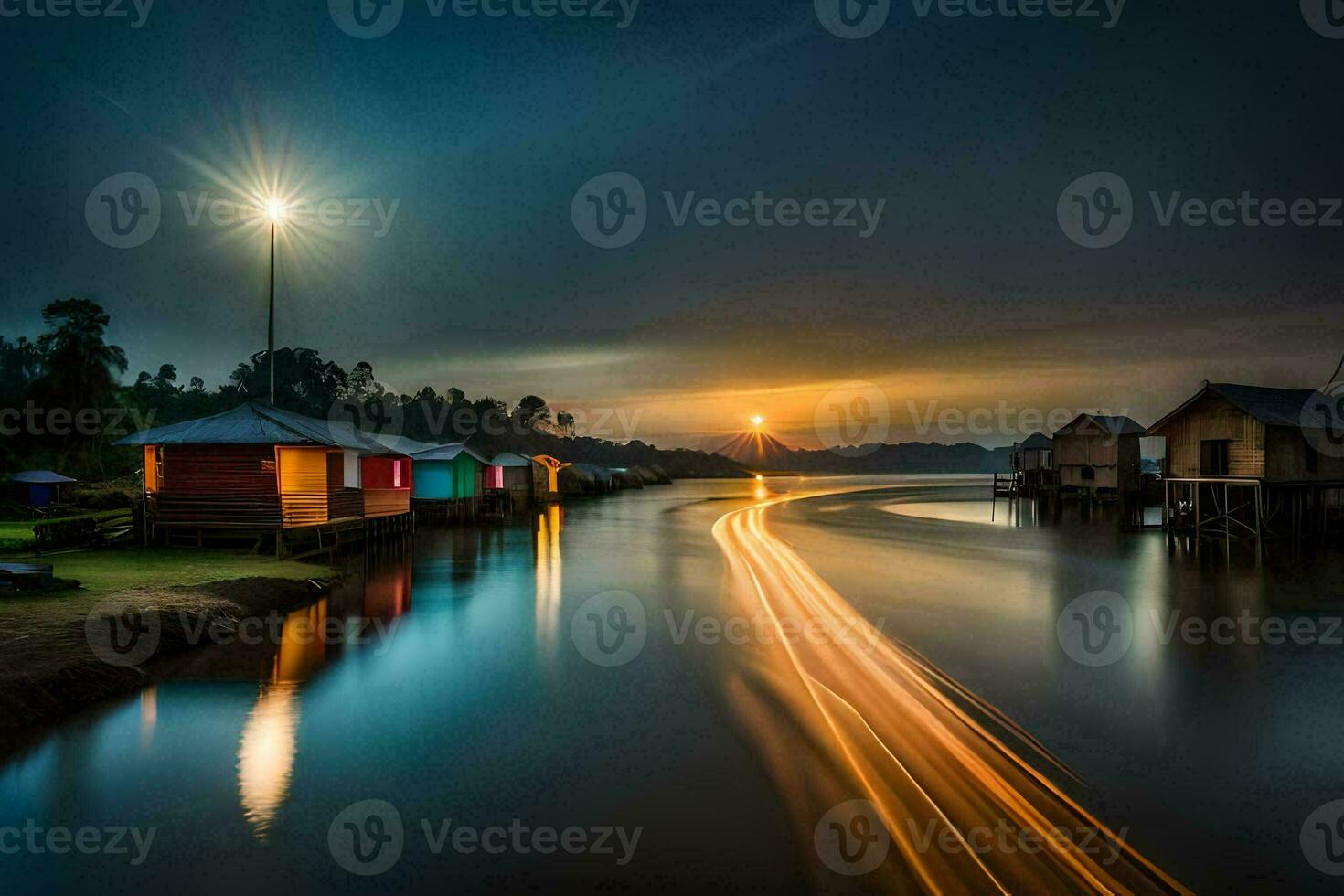 a long exposure photograph of a river at sunset. AI-Generated photo