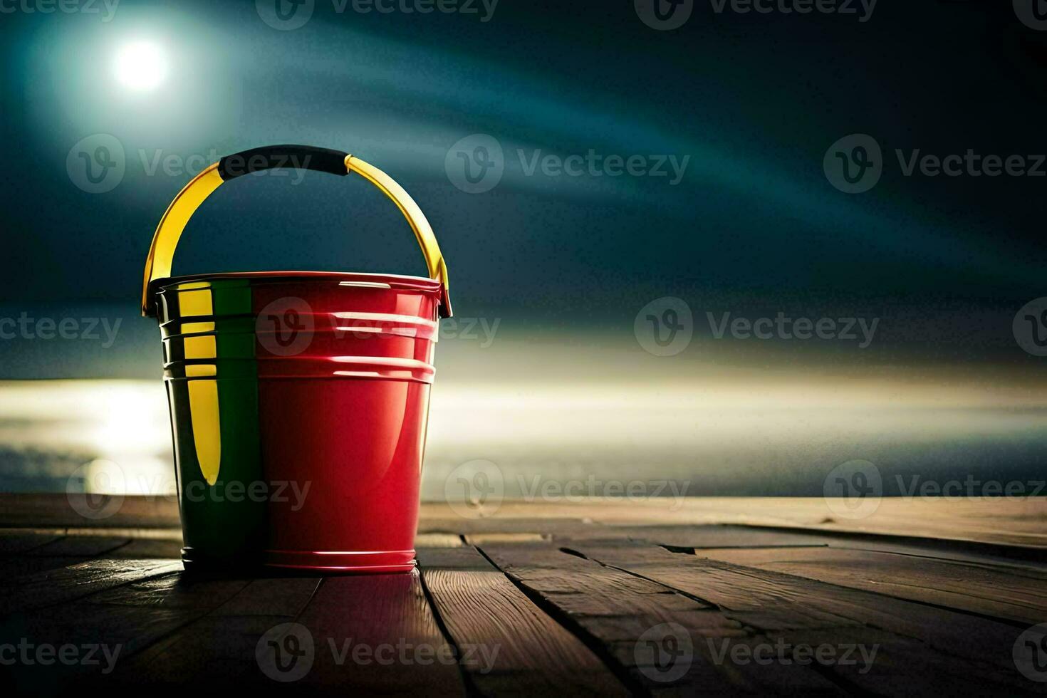 a red bucket sitting on a wooden deck at night. AI-Generated photo