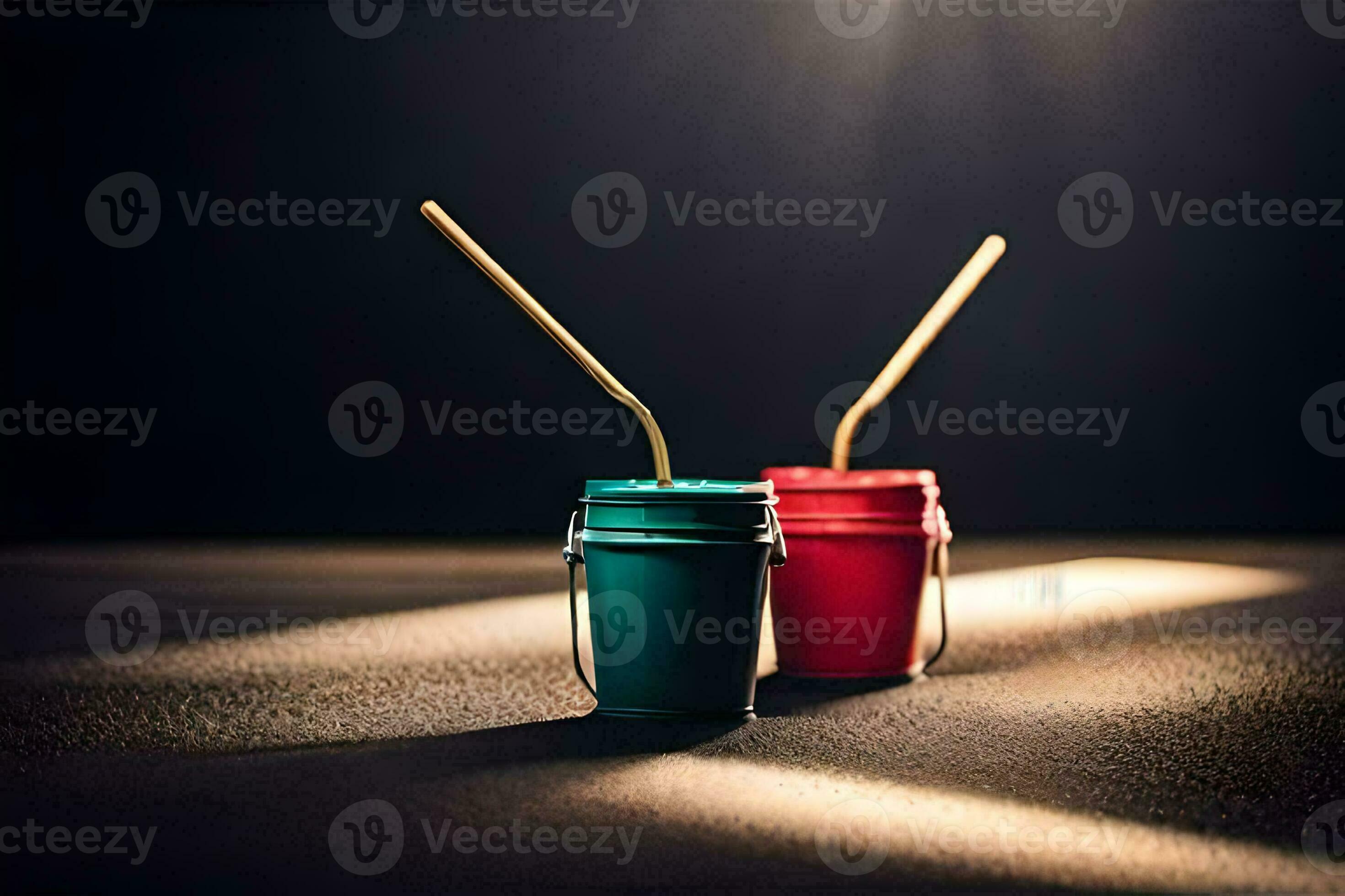 two red and blue buckets with straws sitting on a table. AIGenerated