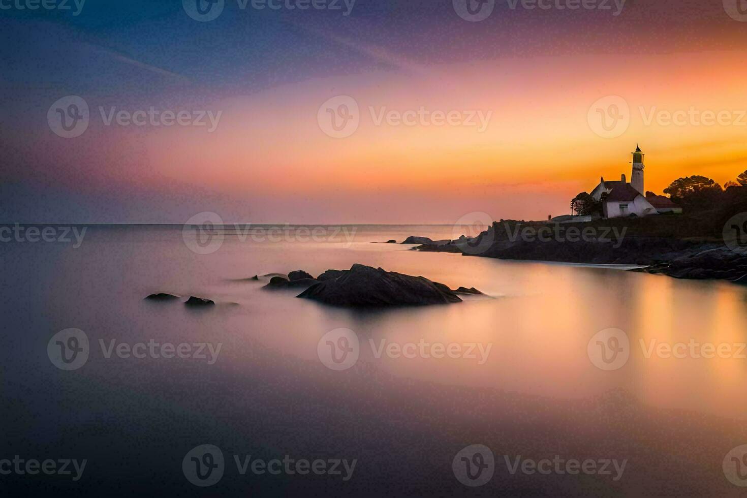 a lighthouse sits on the shore of a body of water at sunset. AI-Generated photo