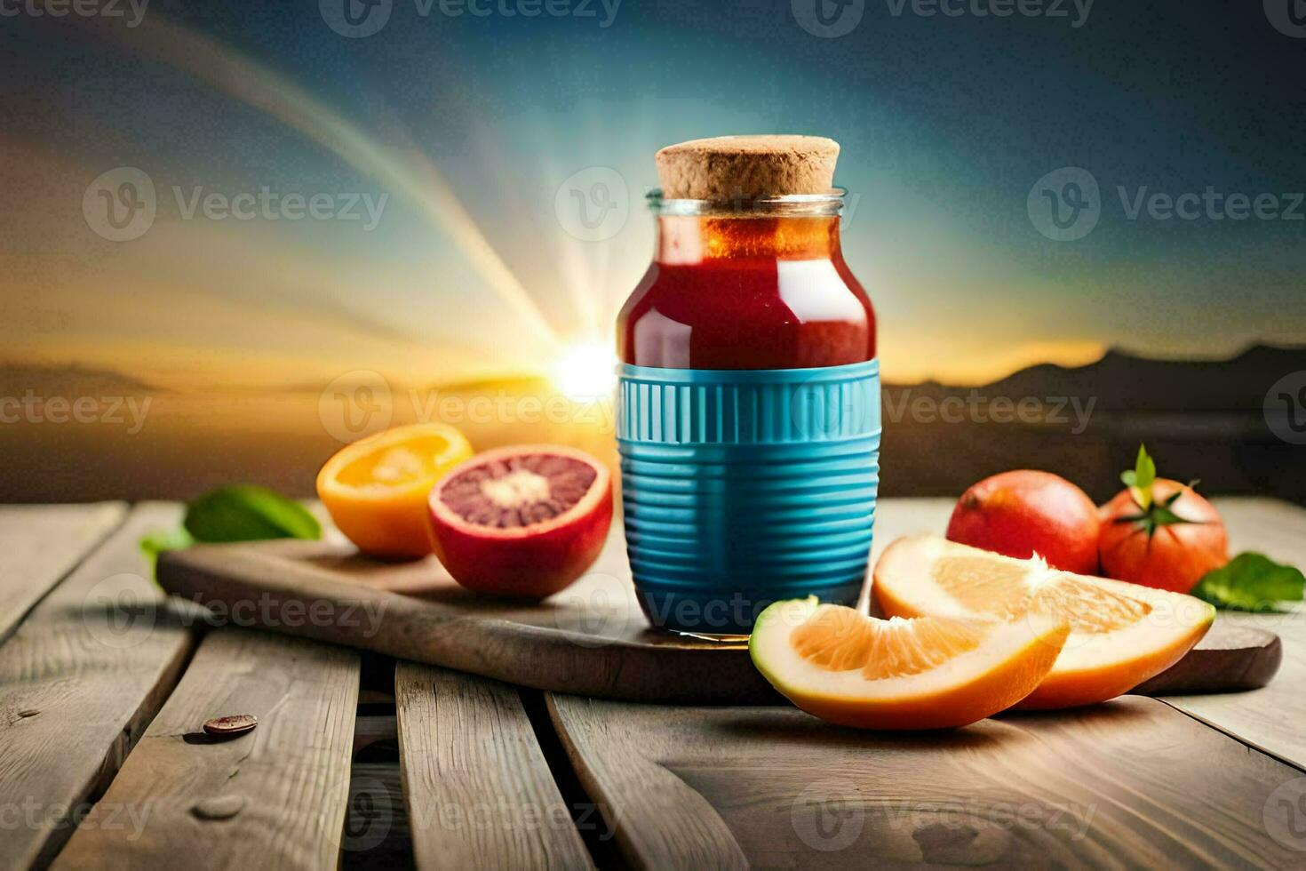a bottle of juice with oranges and blood oranges on a wooden table. AI-Generated photo