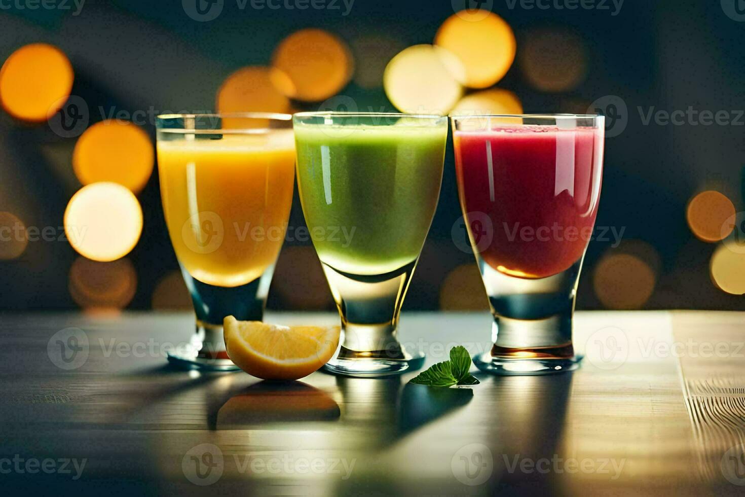three different colored juices are sitting on a table. AI-Generated photo