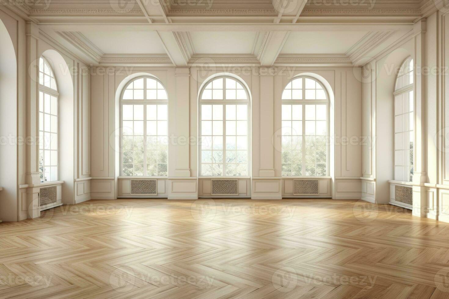 Empty room interior with wooden floor with light and soft skylight from window. Ai Generative photo