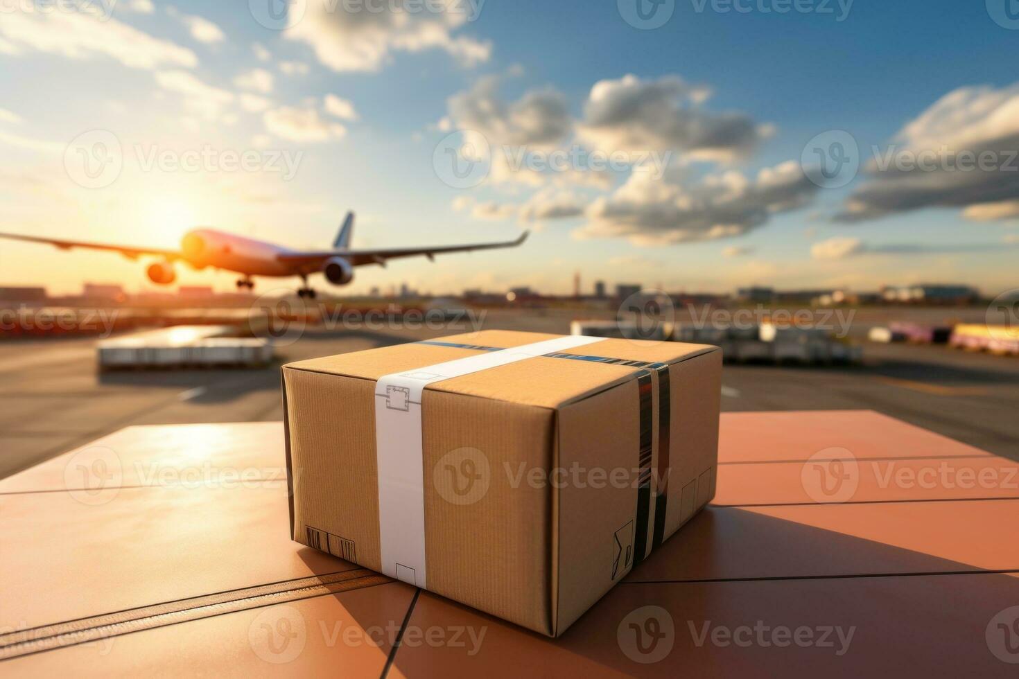 Delivery man delivering a parcel box to customer by cargo plane. Generative AI photo