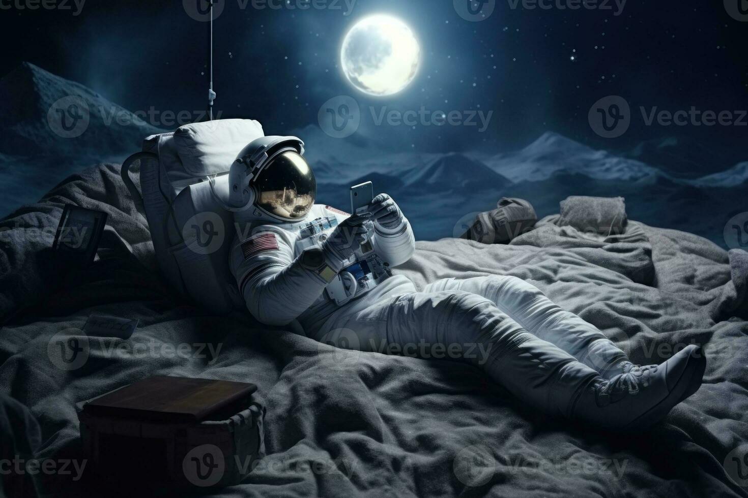 Astronaut lying down on bed with head resting. watching . Generative AI . photo