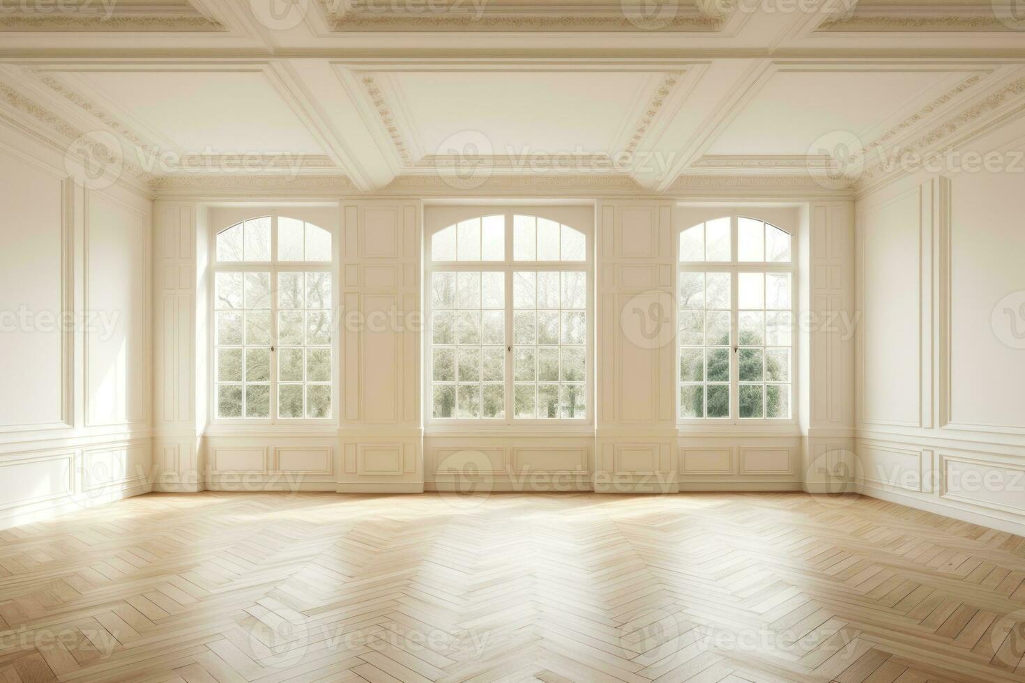 Empty room interior with wooden floor with light and soft skylight from window. Ai Generative photo