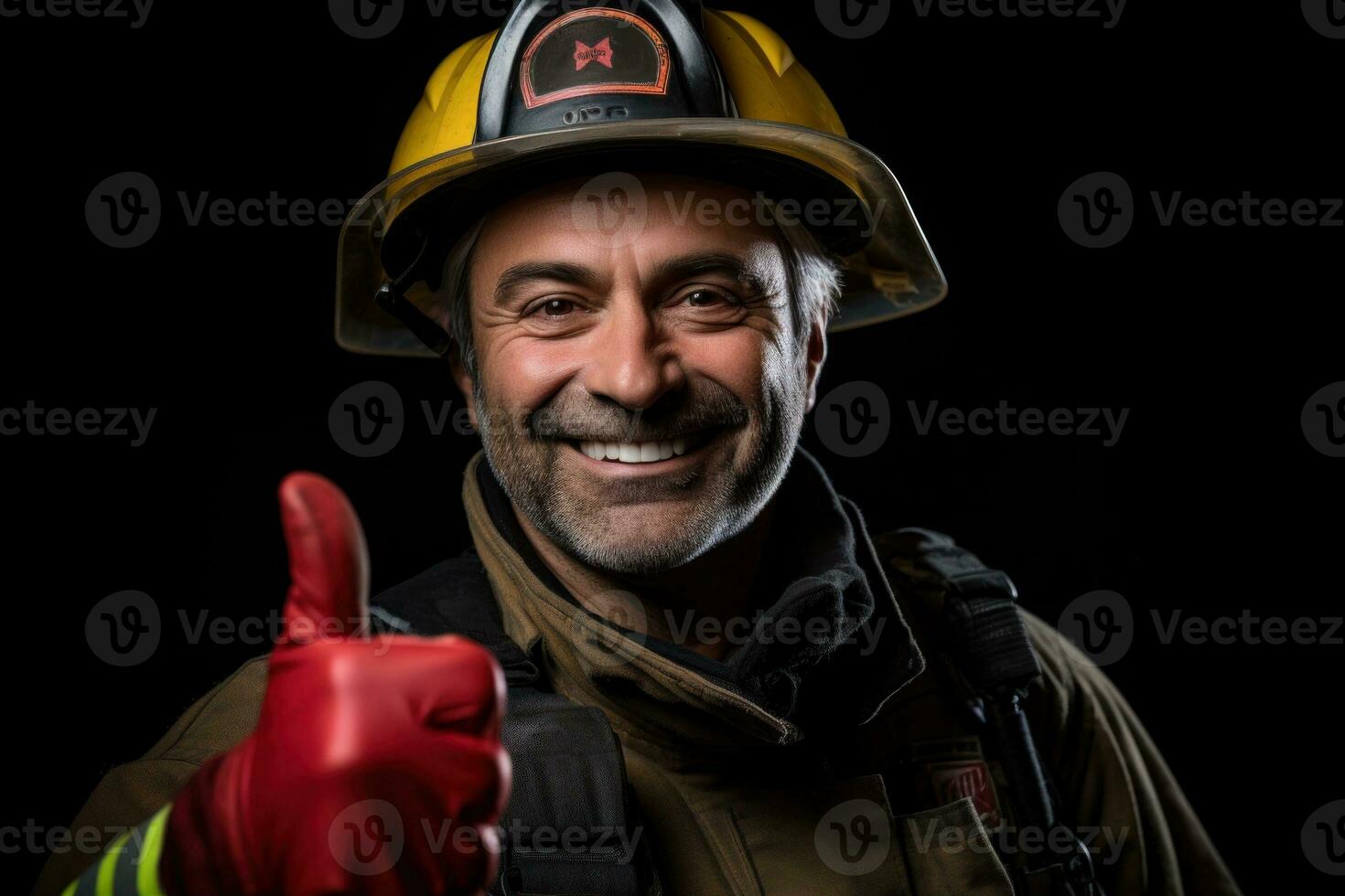 fire fighter showing OK approve or like signal with thumb raise up, generative Ai photo