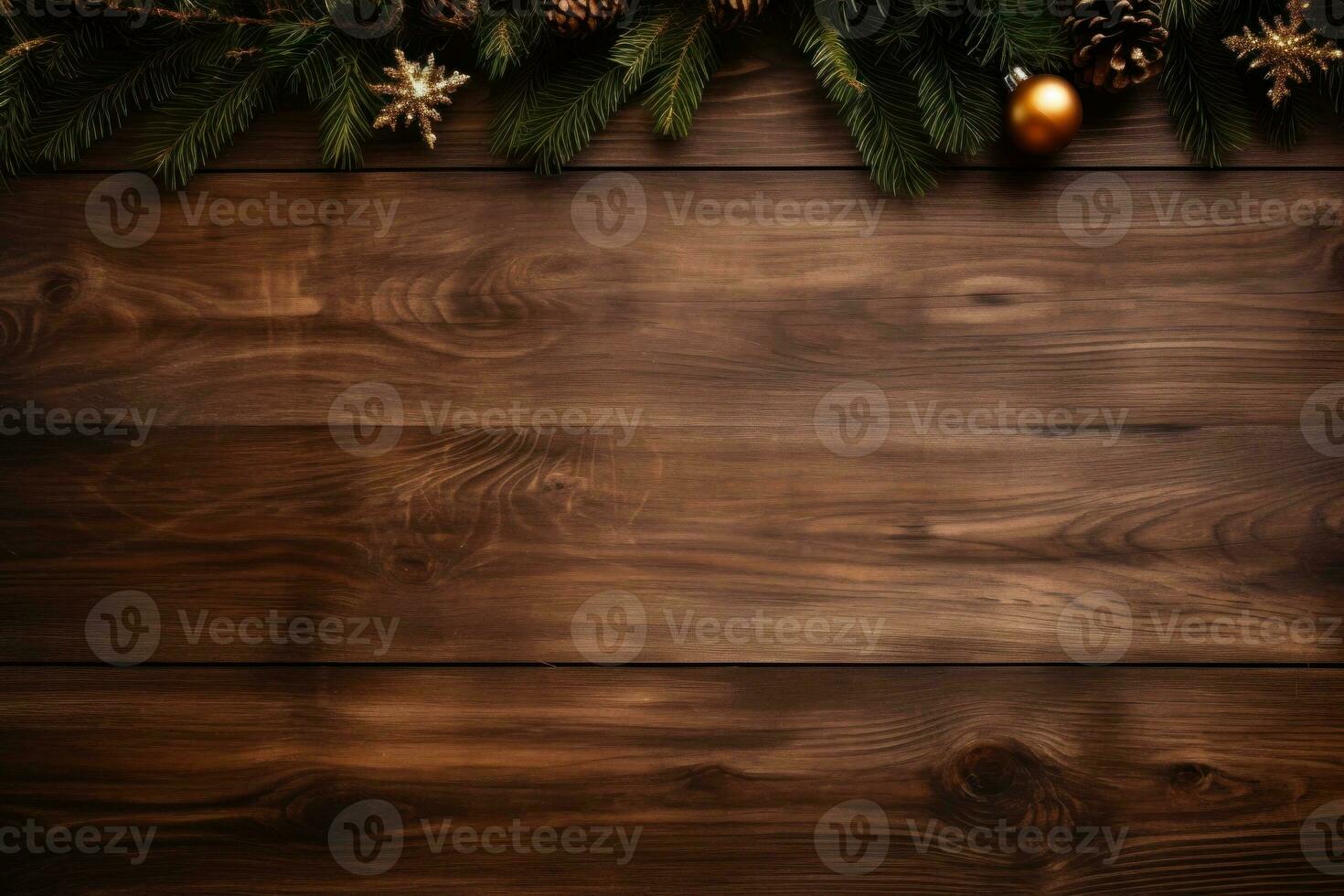 Christmas decorated wooden background with copy space, banner, poster. Generative AI photo