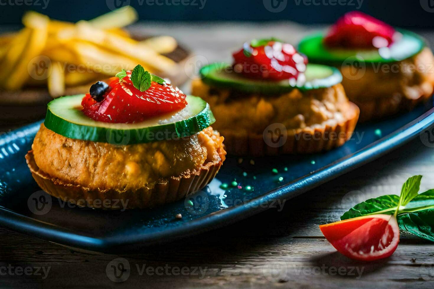 Tres mini pasteles con Pepino y tomate en un azul lámina. generado por ai foto