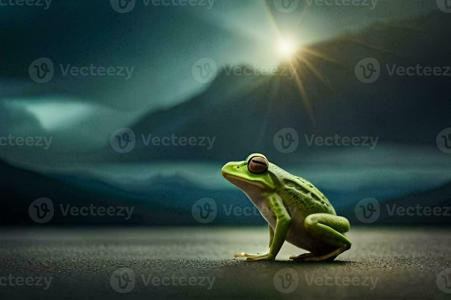 a frog sitting on the ground in front of a mountain. AI-Generated photo