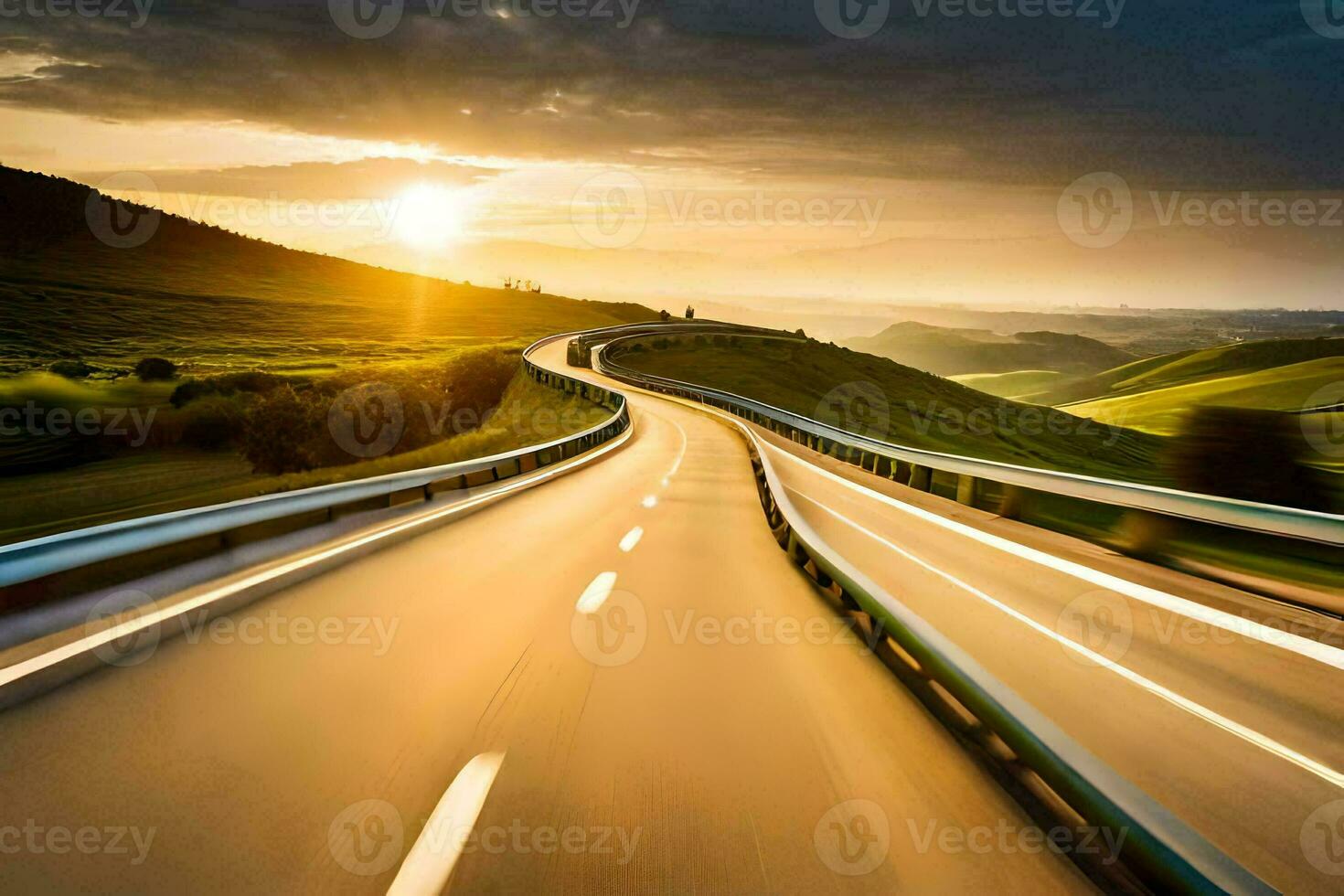 a highway with a sunset in the background. AI-Generated photo