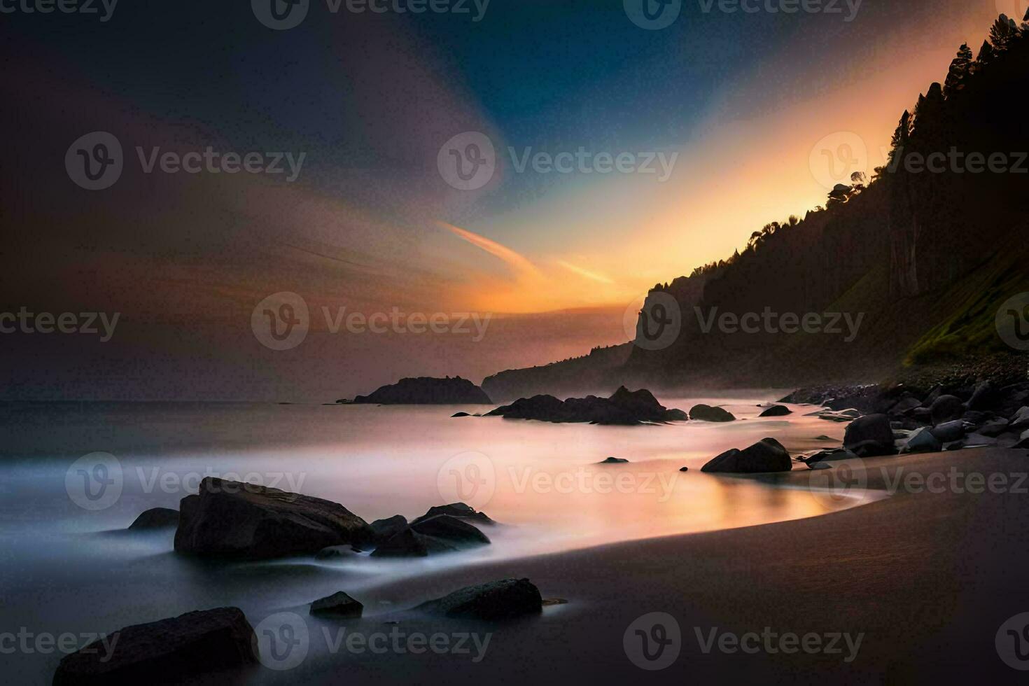 a beach at sunset with rocks and water. AI-Generated photo
