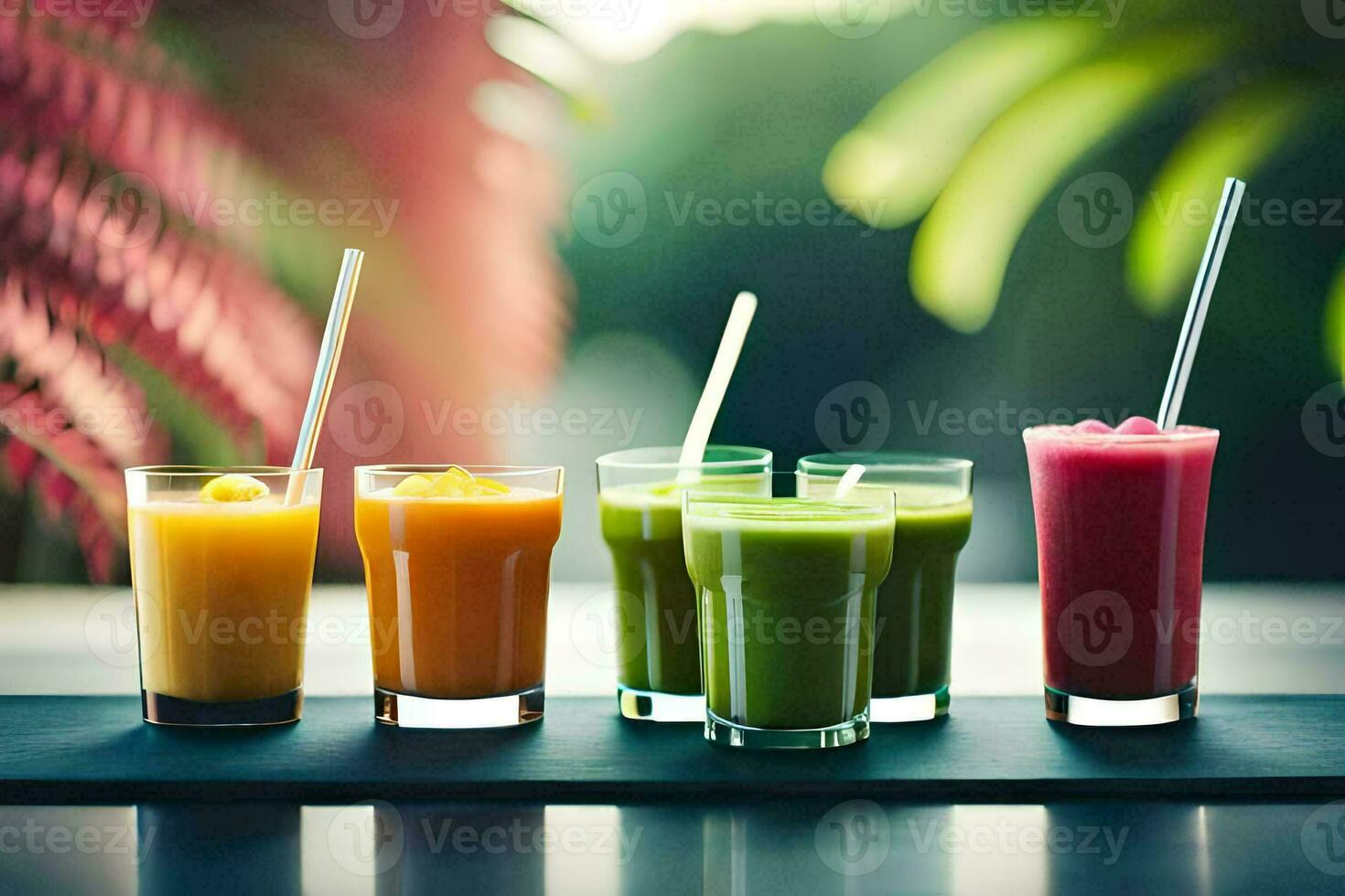 five different types of smoothies in glasses. AI-Generated photo