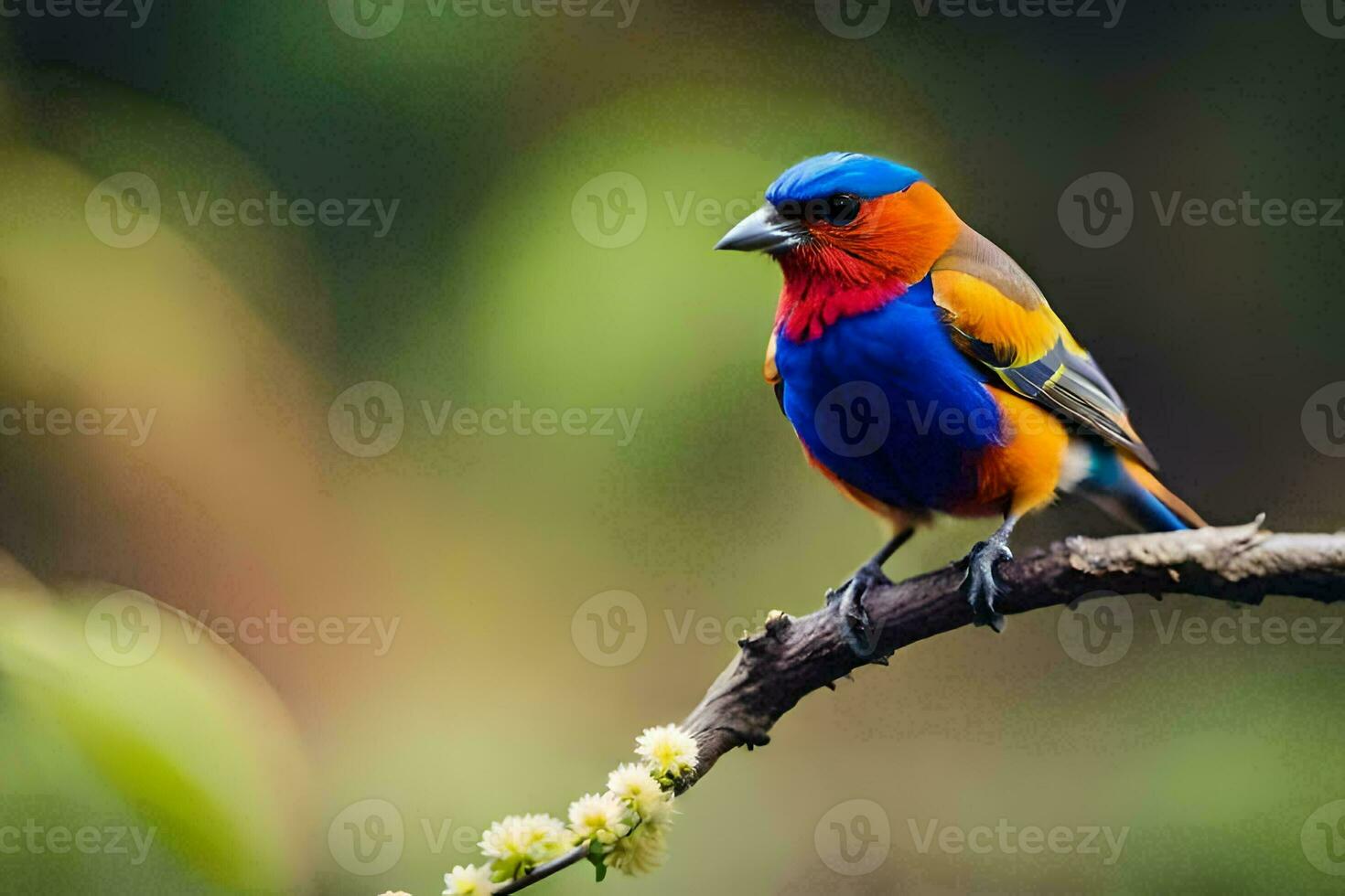a colorful bird sits on a branch. AI-Generated photo