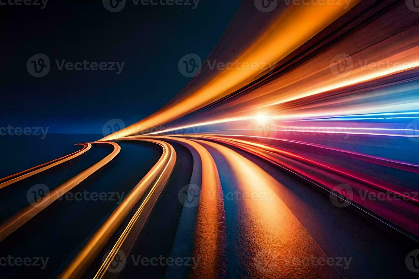 un largo exposición fotografía de un tren paso mediante el noche. generado por ai foto