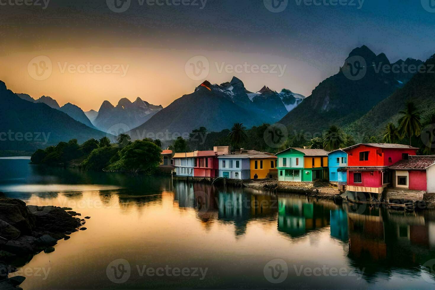 colorful houses on the shore of a lake at sunset. AI-Generated photo